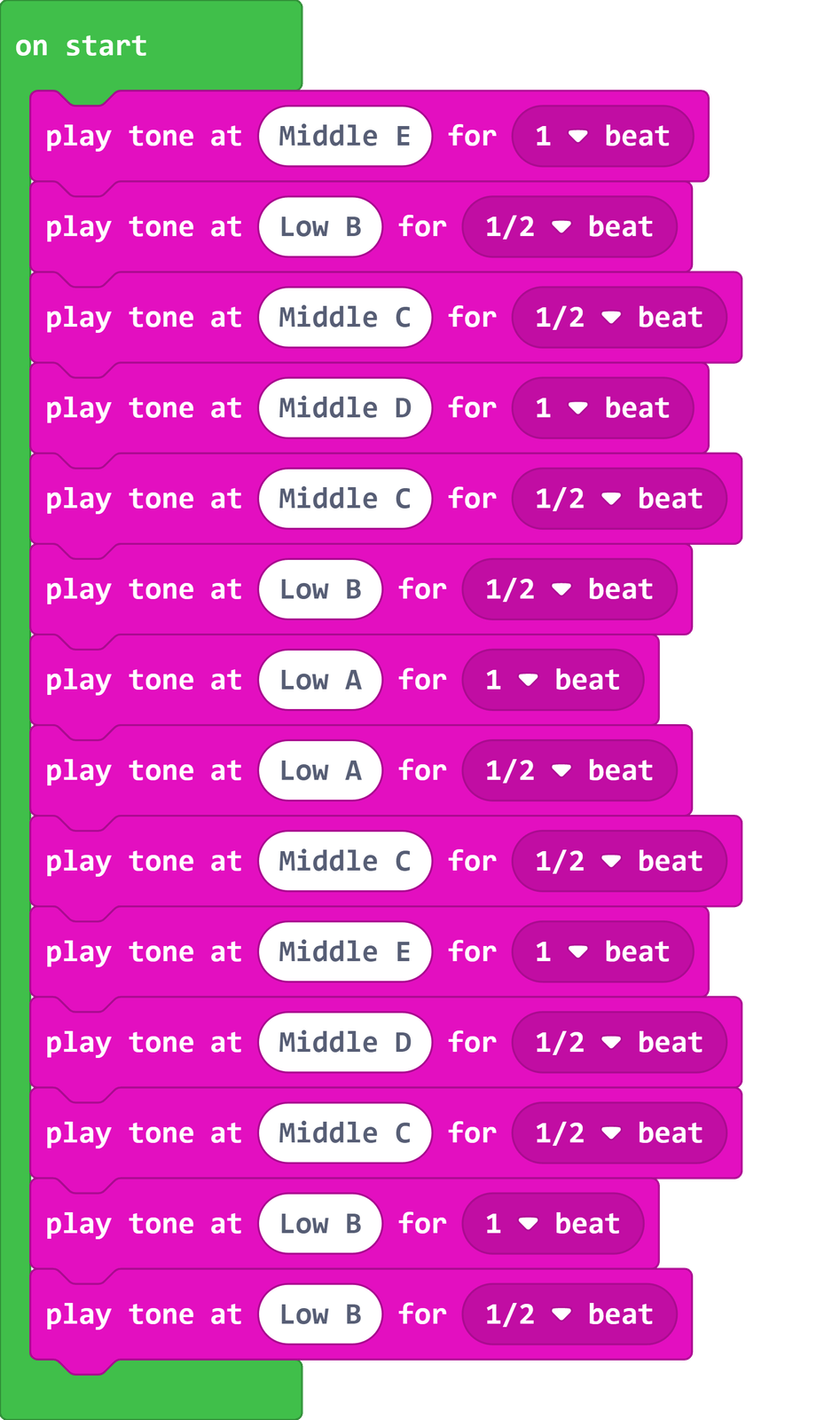 Capture d'écran MakeCode du programme musique
