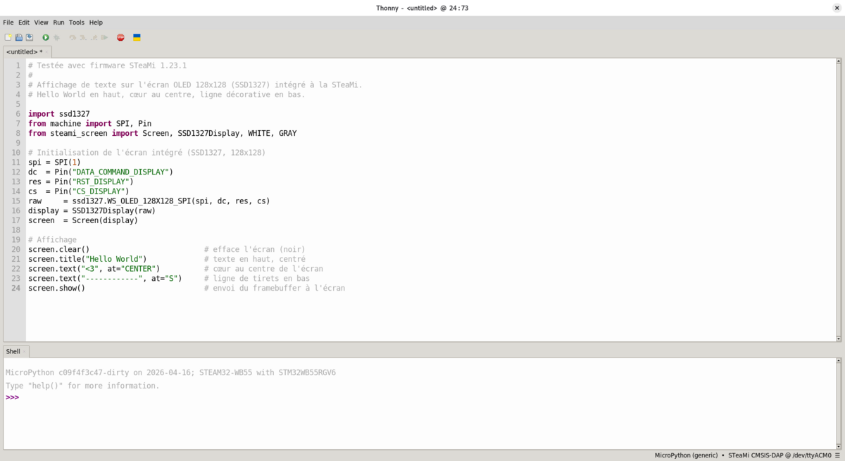 IDE MicroPython avec le fichier main.py ouvert, prêt à être téléversé