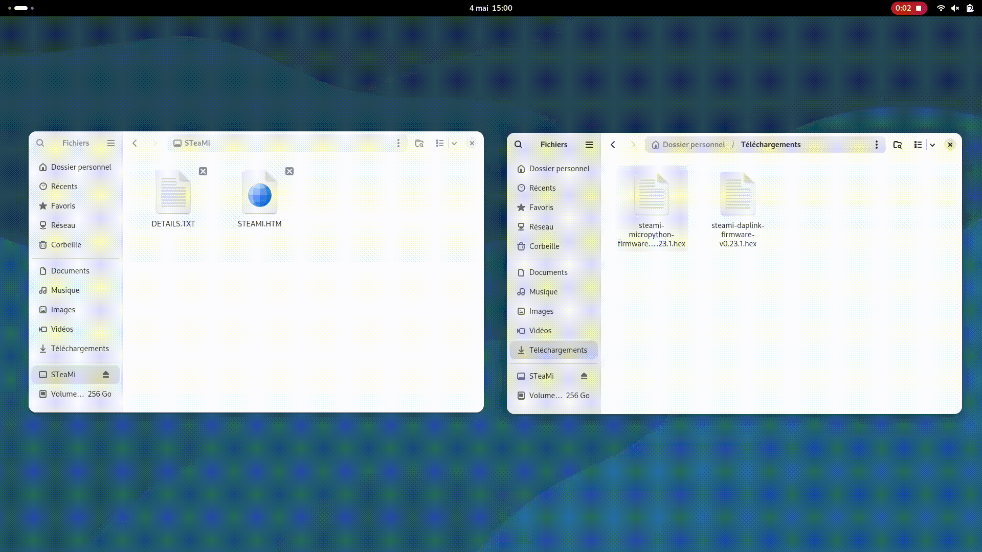 Animation : glisser-déposer du fichier .hex sur le disque STEAMI