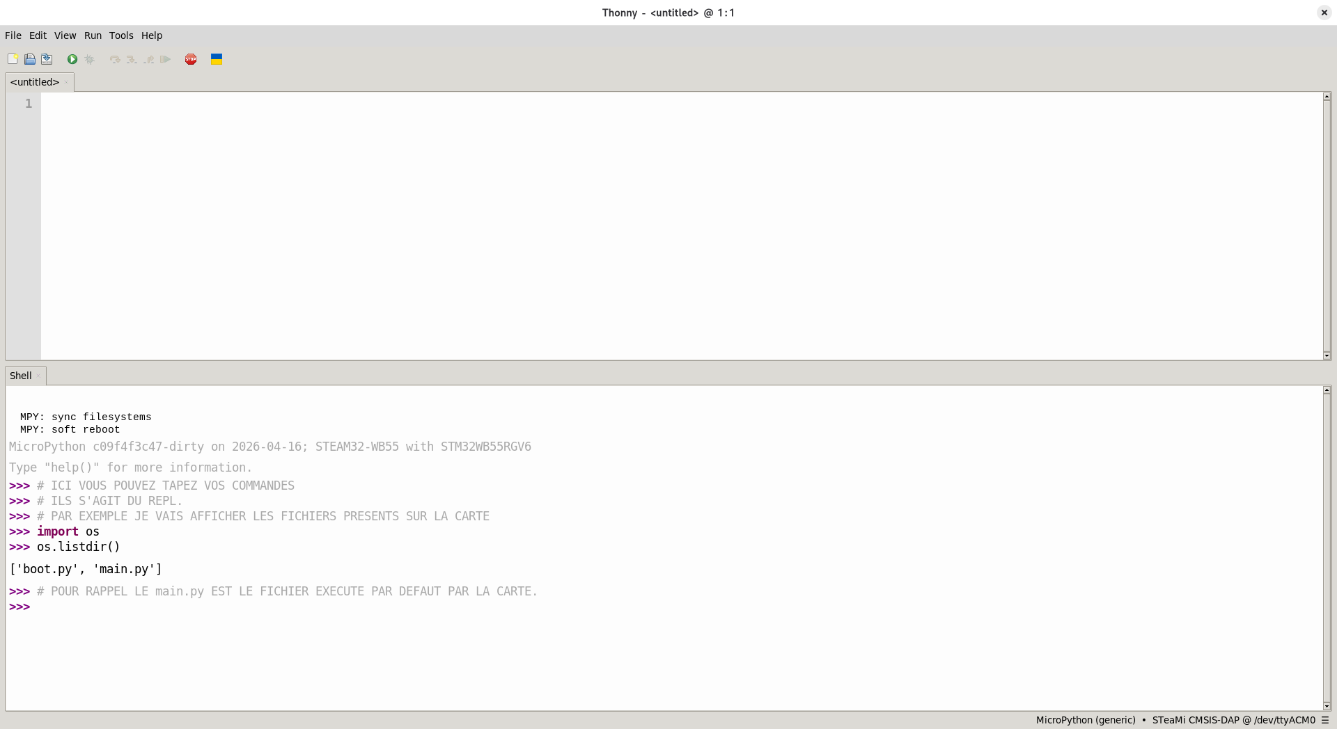 Prompt MicroPython >>> dans le Shell de Thonny