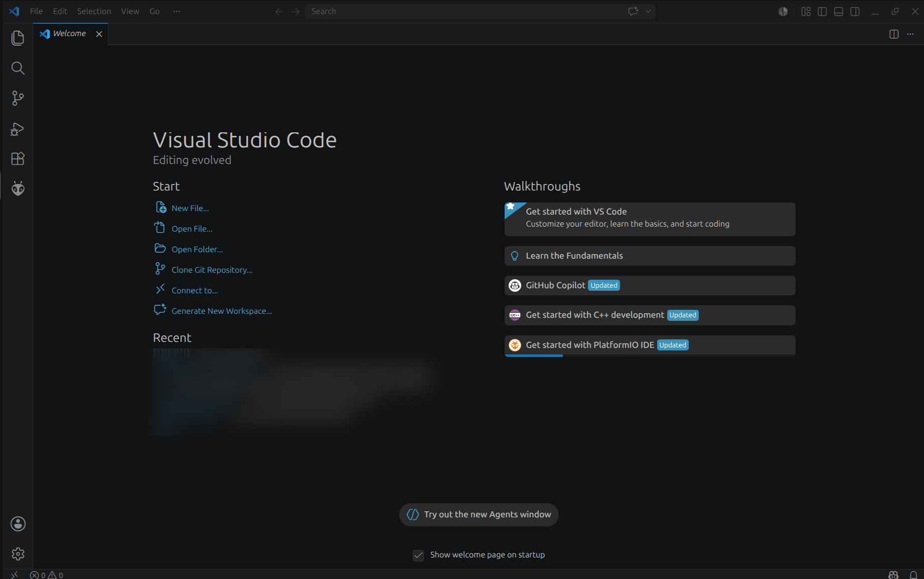Fenêtre principale de Visual Studio Code au premier démarrage